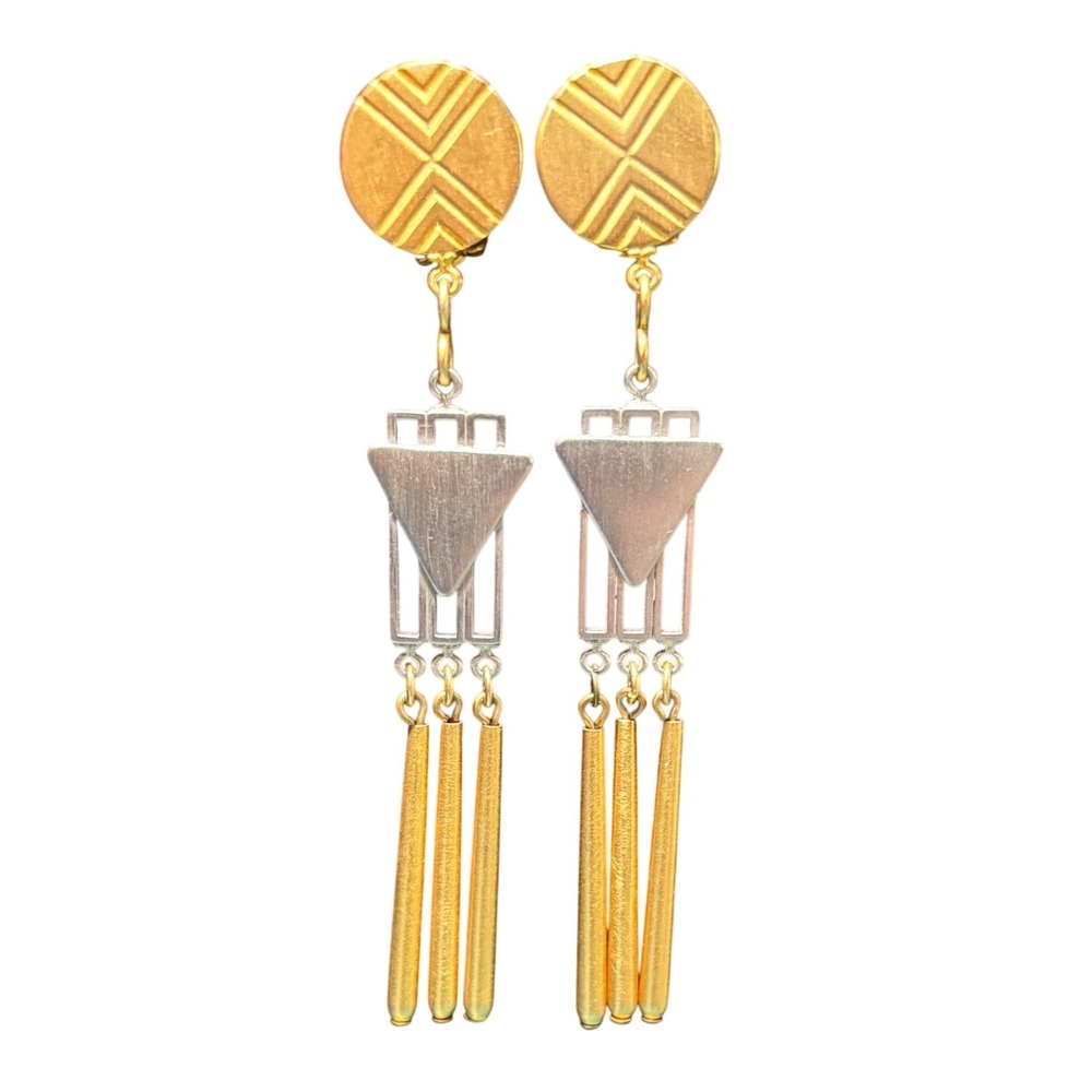 Marcy Feld Vintage Art Deco Mixed Metal Geometric Clip On Dangle Earrings 80s‎